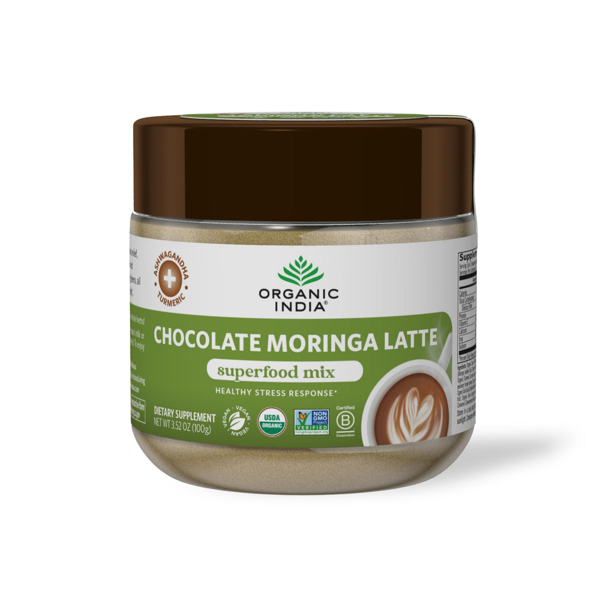 Chocolat Moringa Latte ORGANIC INDIA en poudre 299g vue de face