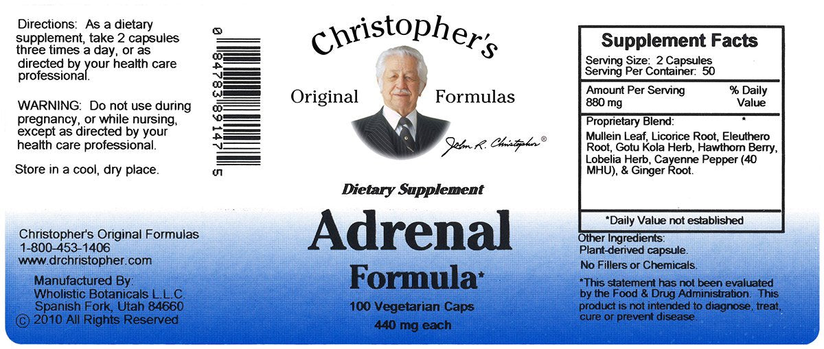 Christopher's Original Formulas Adrenal Formula vue latérale montrant les capsules