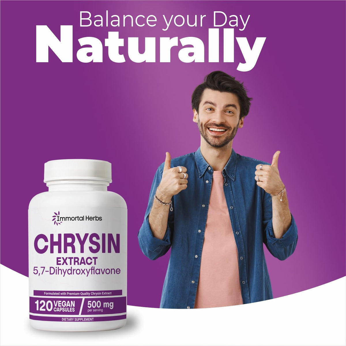 Chrysin 500mg Immortal Herbs avec un verre d'eau pour consommation