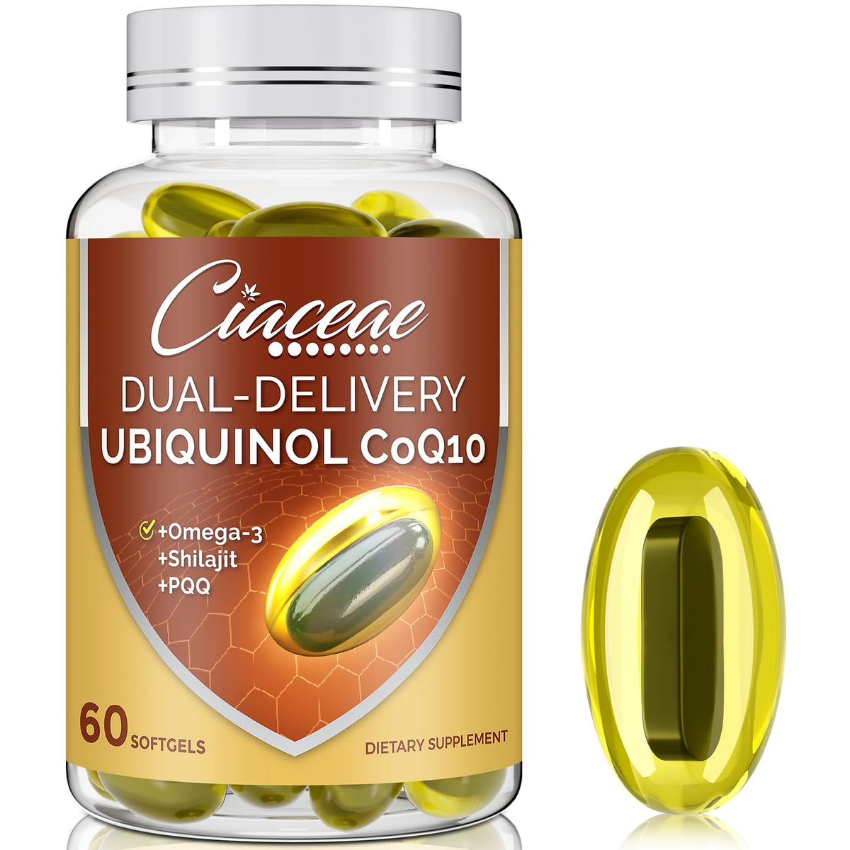 Ciaceae Ubiquinol CoQ10 600 MG Softgels avec Omega-3 et Shilajit, vue de l'emballage