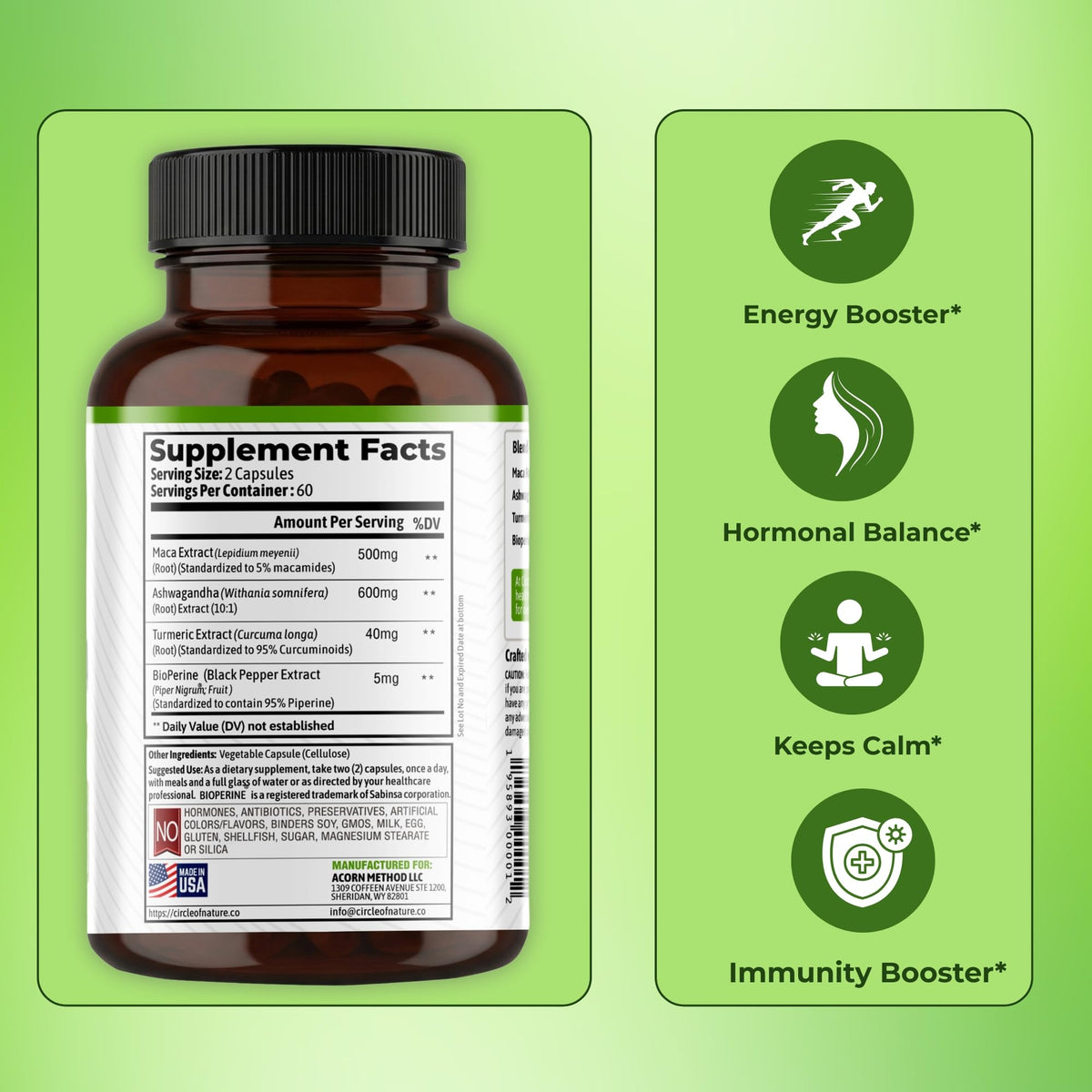 CIRCLE OF NATURE Maca et Ashwagandha capsules ouvertes