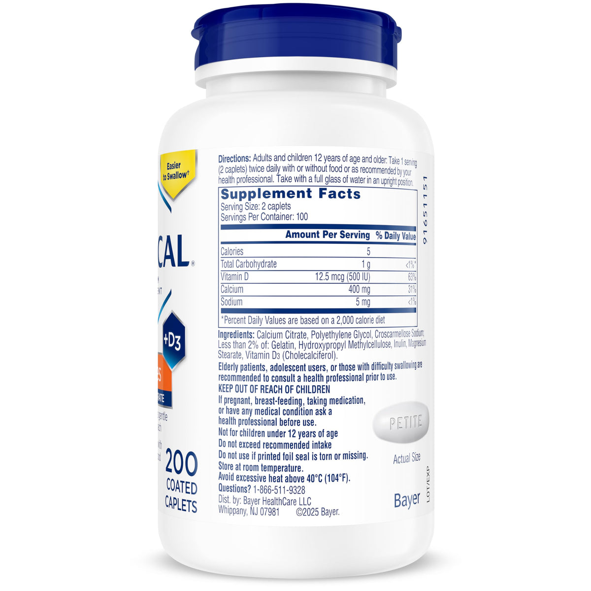 CITRACAL Citracal Petites Calcium Citrate 400 mg, vue de l'arrière de la bouteille