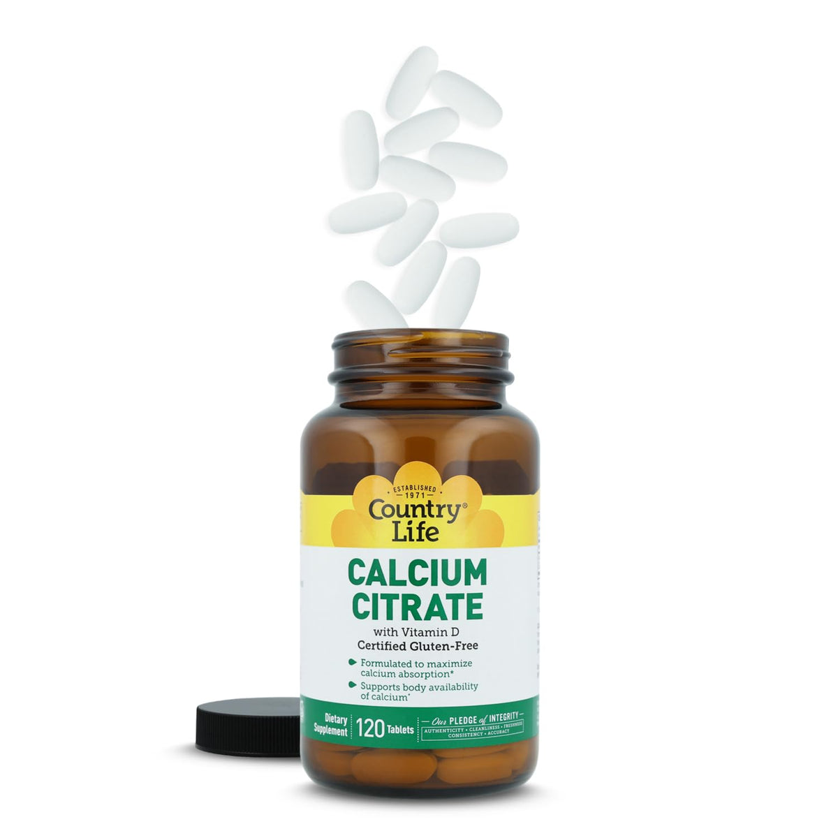 Citrate de Calcium Country Life 500mg 120 comprimés en situation sur une table