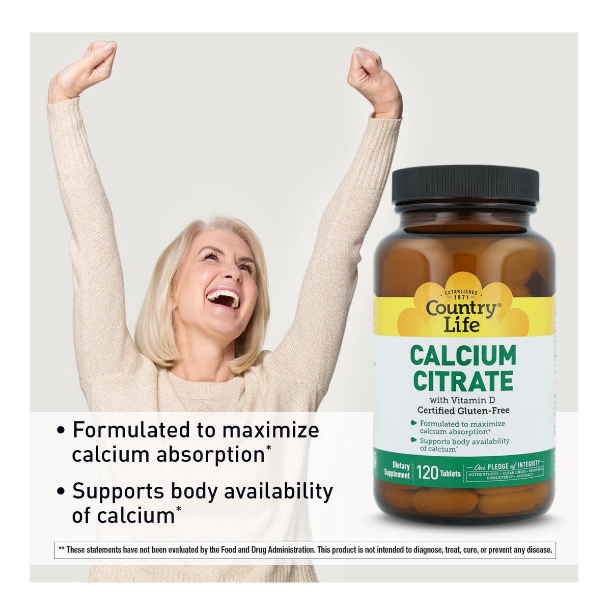 Citrate de Calcium Country Life 500mg 120 comprimés étiquette