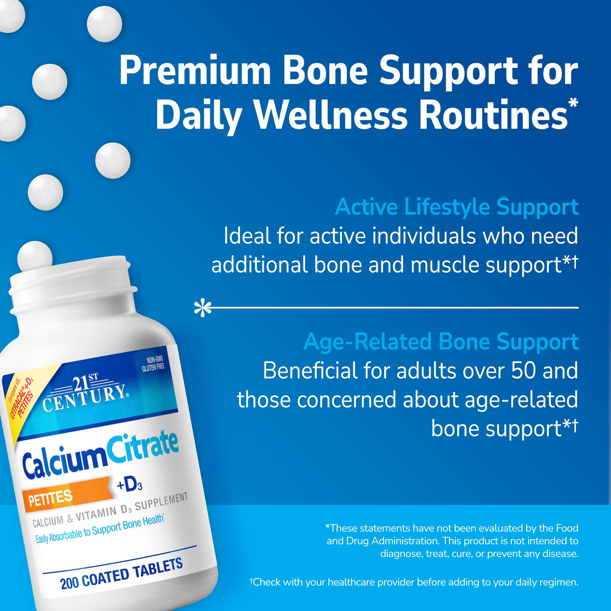 Citrate de Calcium + D3 200 Petites, capsules sur une surface blanche