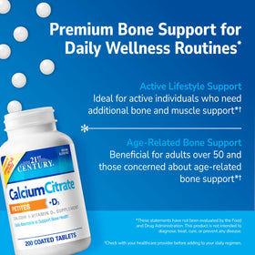 Citrate de Calcium + D3 200 Petites, capsules sur une surface blanche