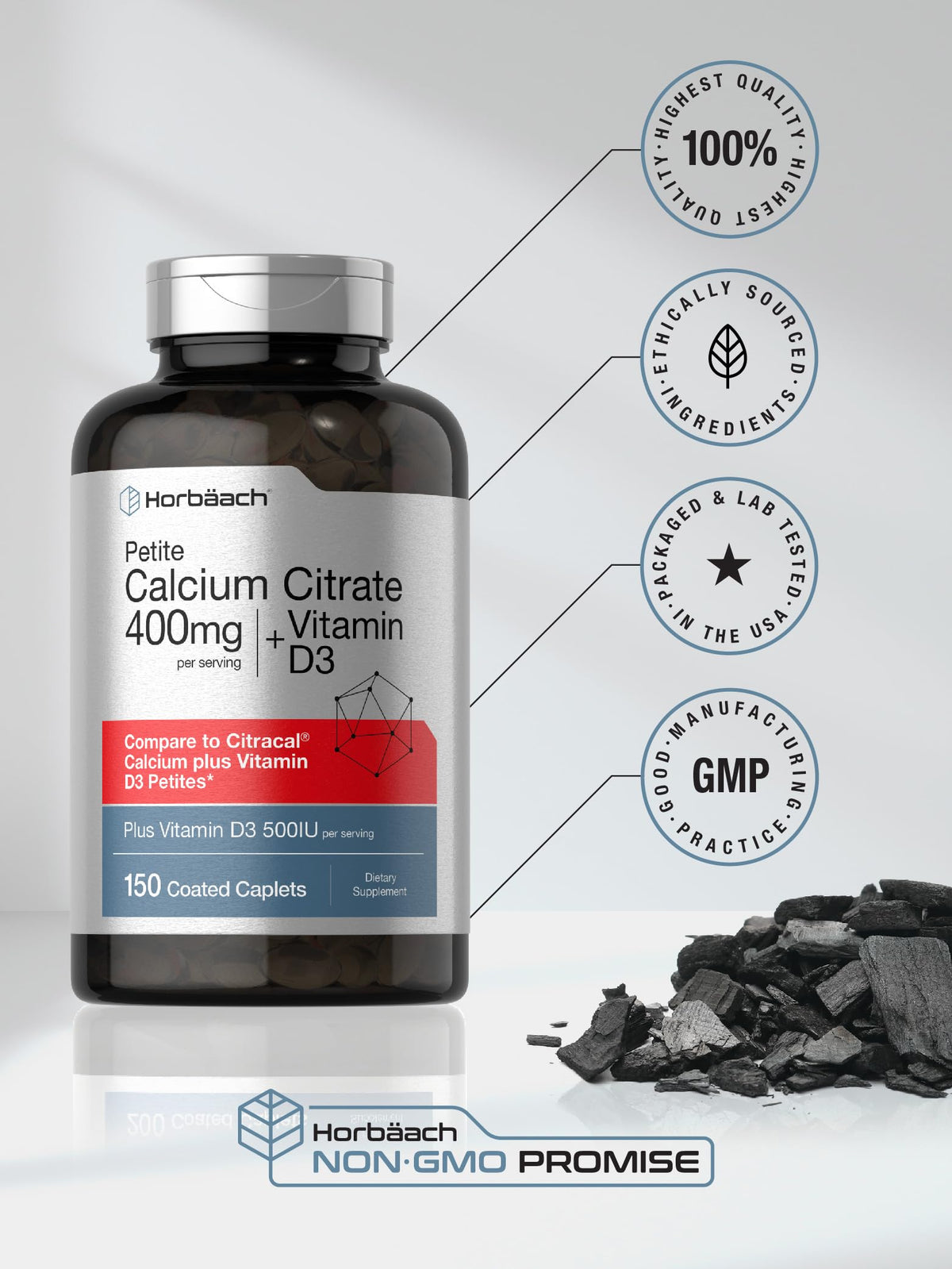 Citrate de Calcium Horbäach 400mg avec Vitamine D3 à côté d'un verre d'eau