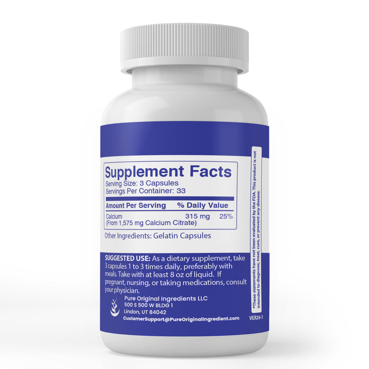 Citrate de Calcium PURE ORIGINAL INGREDIENTS 100 capsules vue arrière