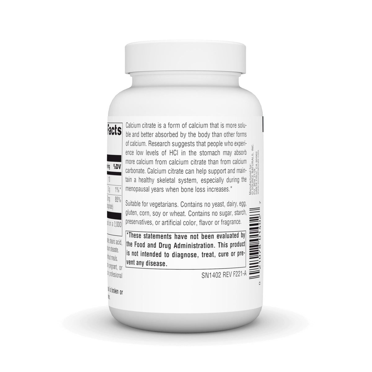 Citrate de Calcium Source Naturals 1 000 mg comprimés sur fond blanc