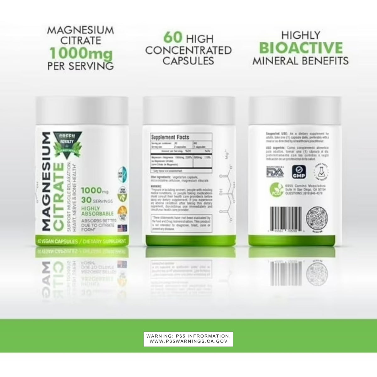 Citrate de Magnésium 1000mg 60 Capsules Végétales avec un verre d'eau