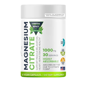 Citrate de Magnésium 1000mg 60 Capsules Végétales de GREEN ROYALTY, vue de face