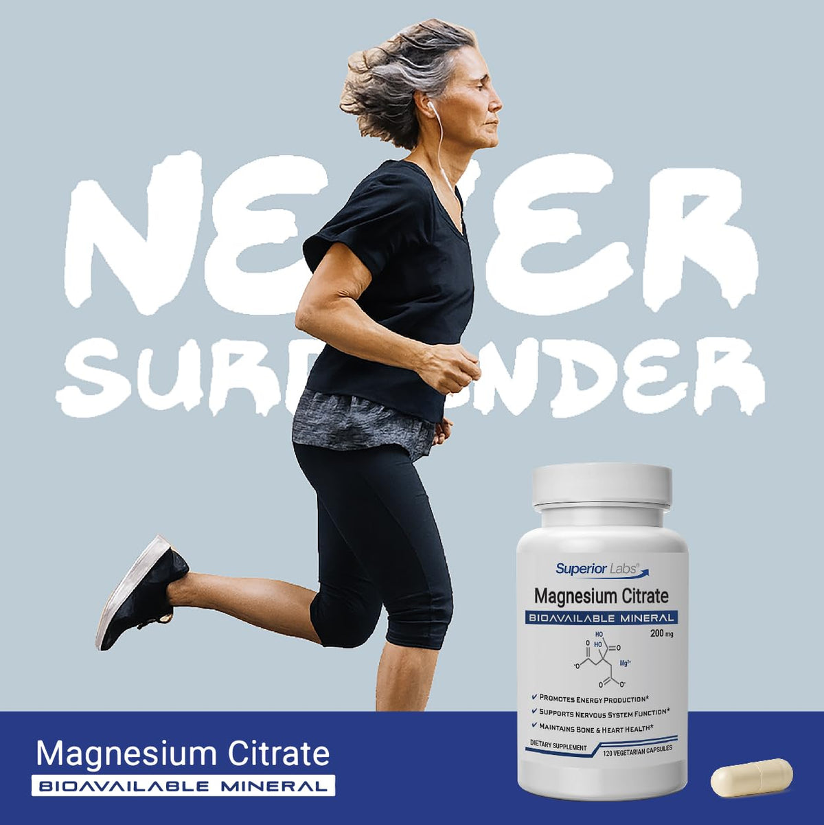 Citrate de magnésium 200mg, capsules sur une surface blanche
