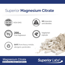 Citrate de magnésium 200mg, étiquette du produit en gros plan