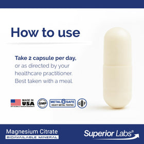 Citrate de magnésium 200mg, flacon ouvert avec capsules visibles