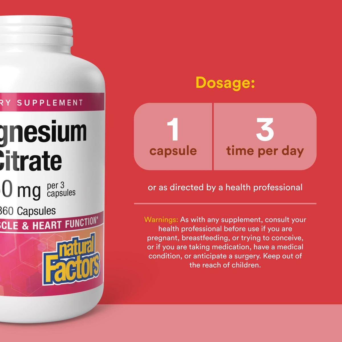 Citrate de Magnésium 450 mg Natural Factors étiquette détaillée