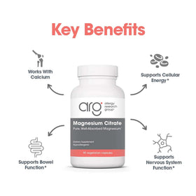Citrate de Magnésium Allergy Research Group, capsules ouvertes montrant la taille