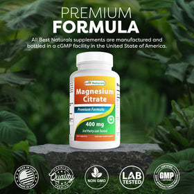 Citrate de magnésium Best Naturals sur une table avec d'autres compléments