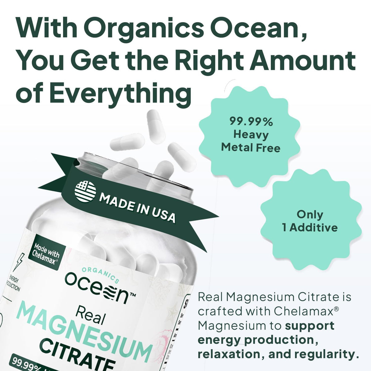 Citrate de magnésium chélaté Organics Ocean, dosage recommandé