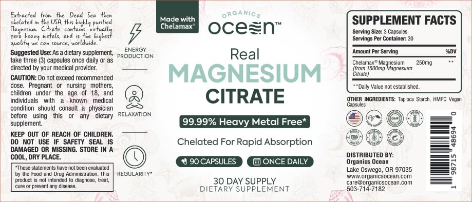 Citrate de magnésium chélaté Organics Ocean, paquet ouvert avec capsules