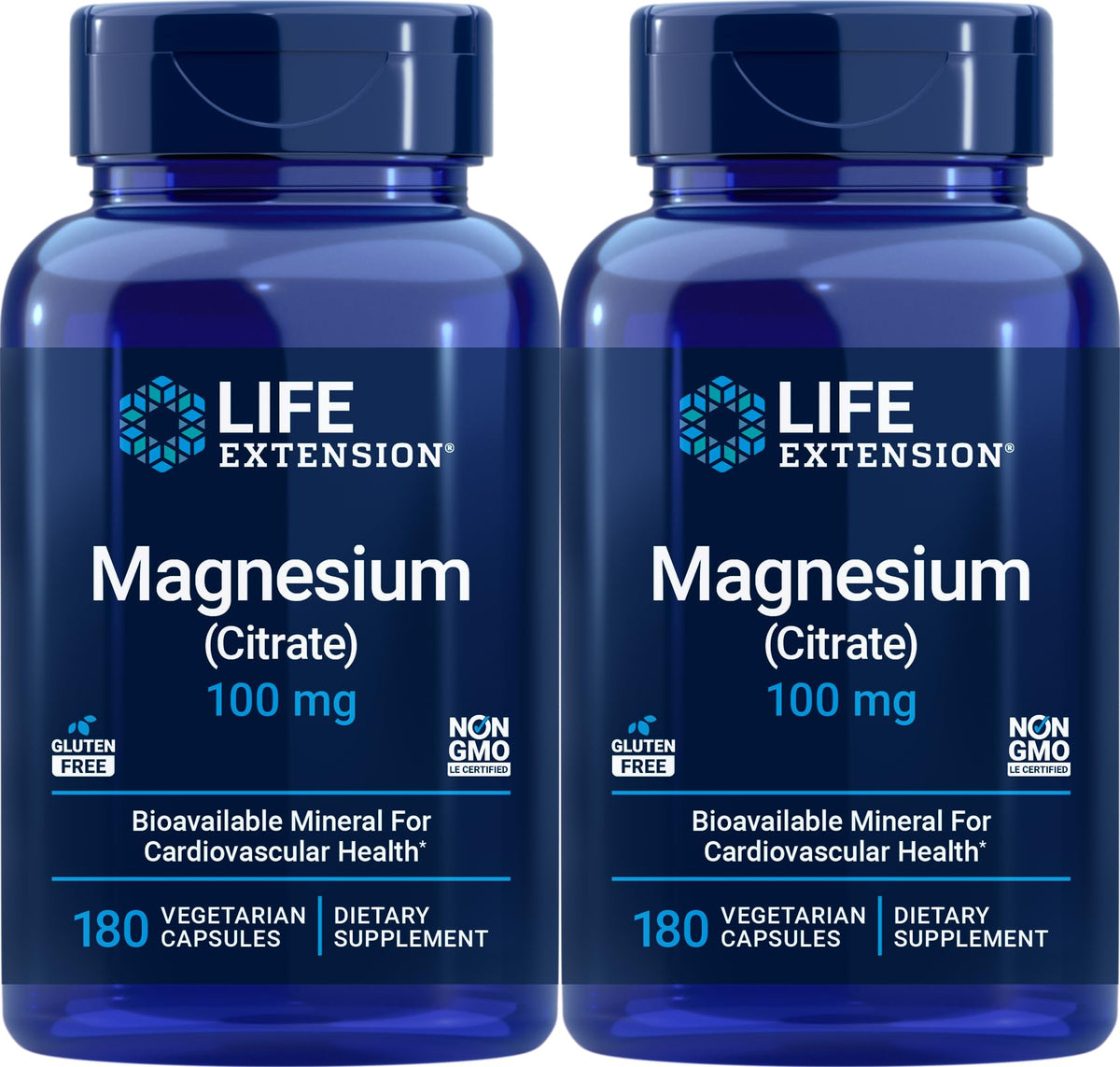 Citrate de Magnésium Life Extension 100 mg, 180 gélules végétariennes, vue de face