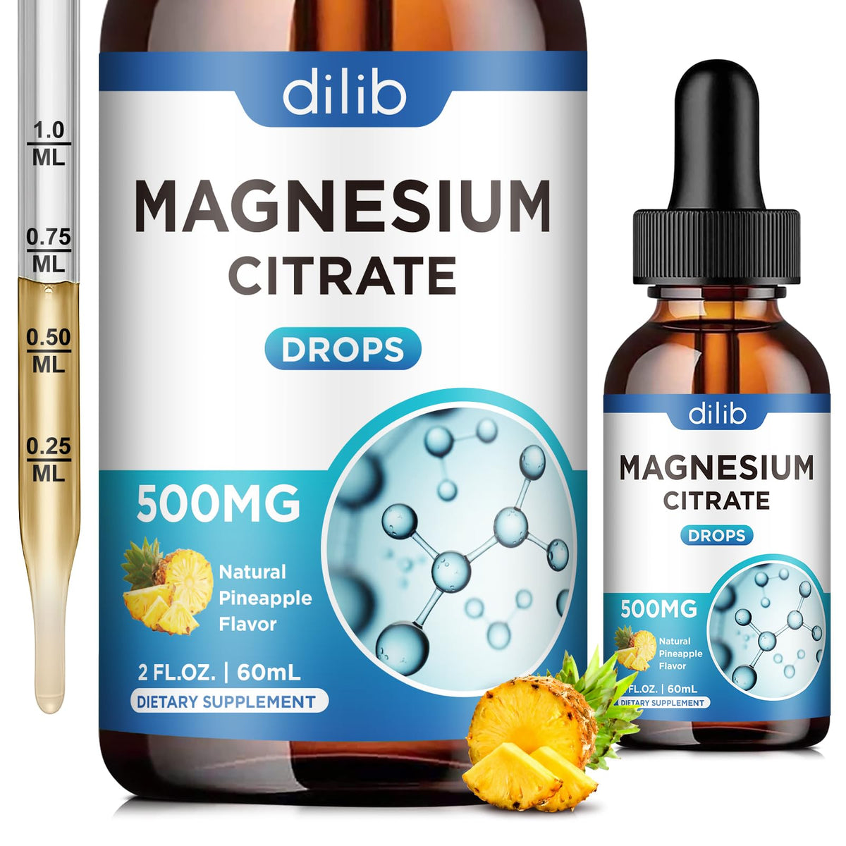 Citrate de magnésium liquide Dilib 500mg saveur ananas vue avant