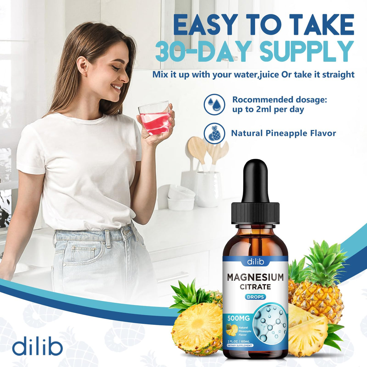Citrate de magnésium liquide Dilib 500mg sur une table