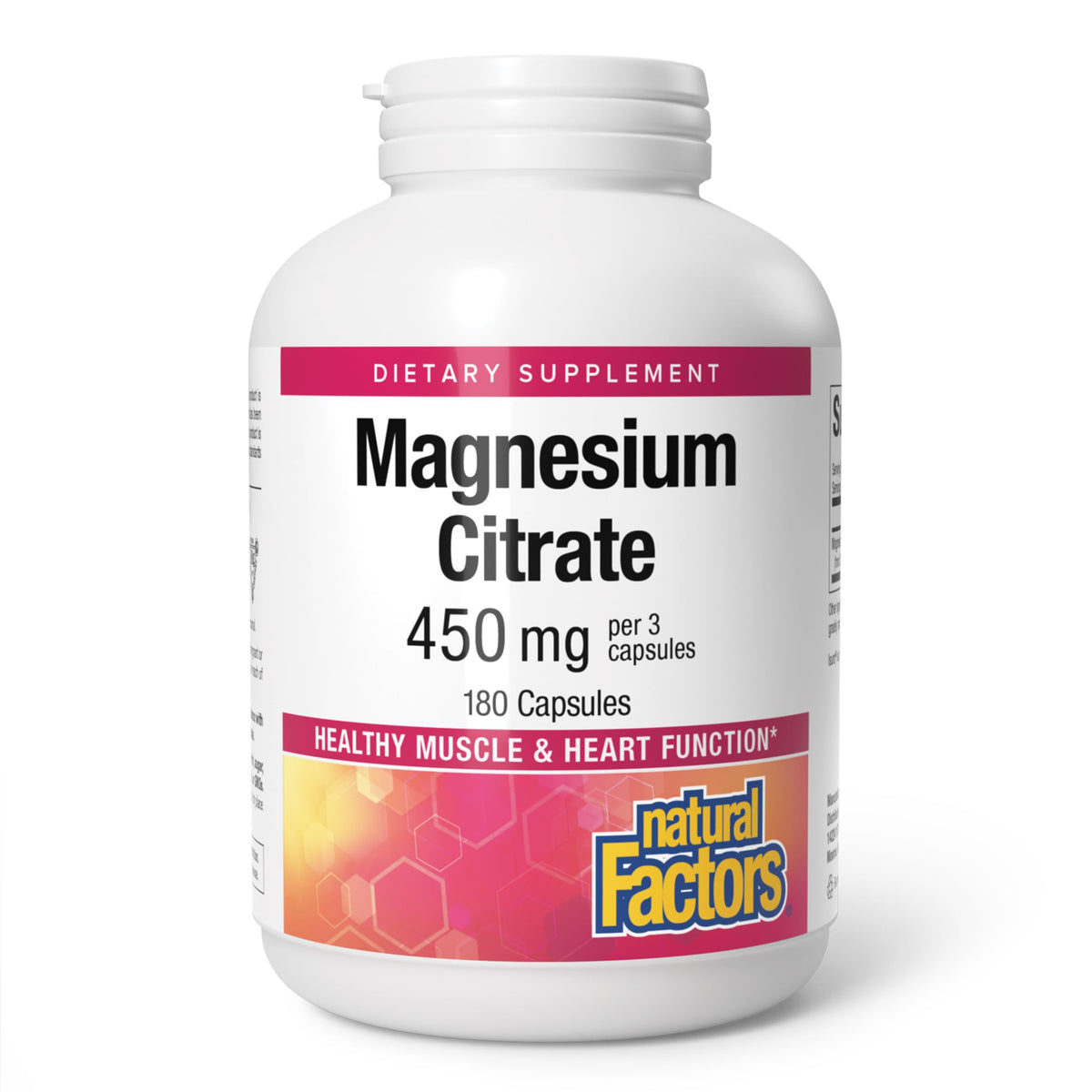 Citrate de Magnésium Natural Factors 180 capsules, vue avant du flacon