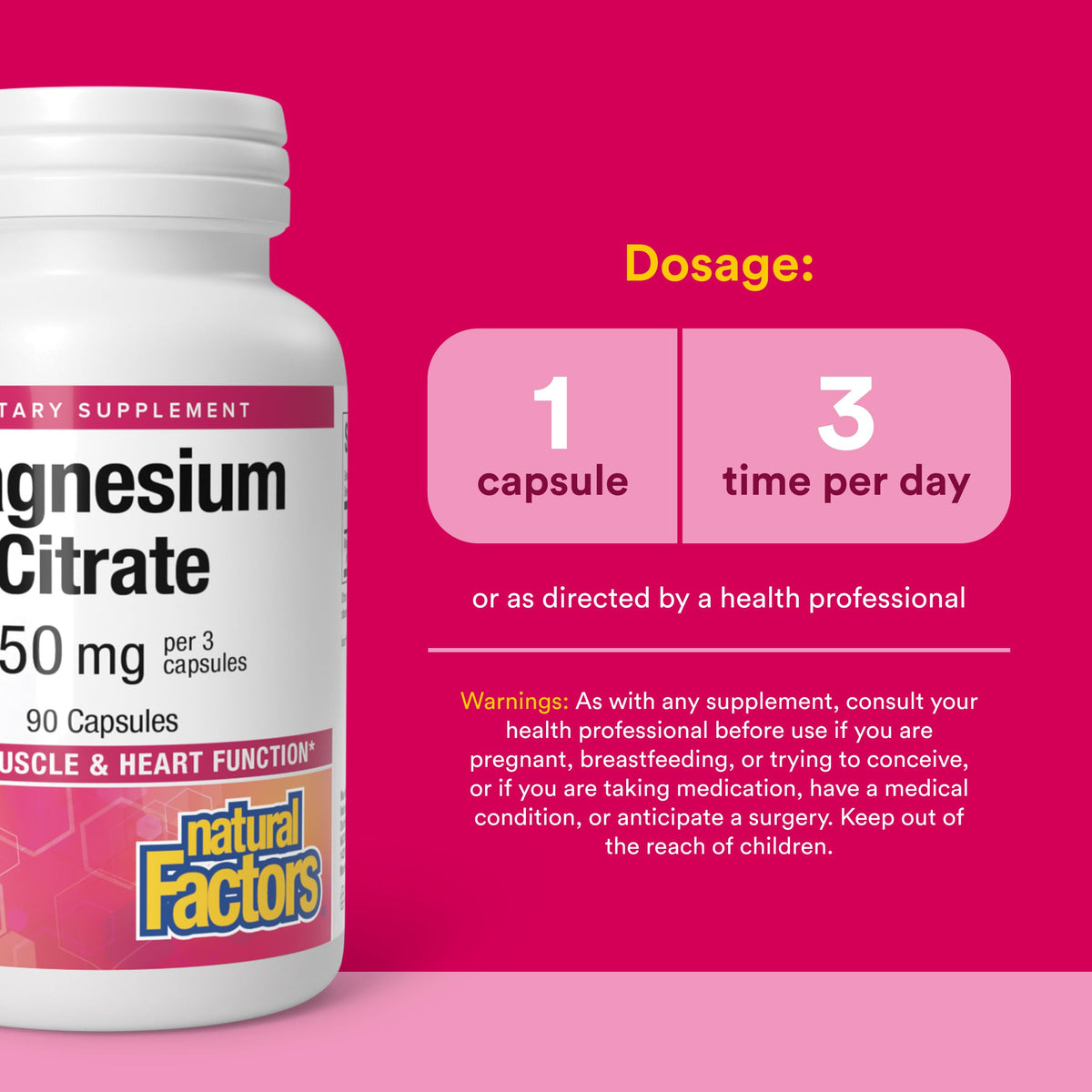 Citrate de magnésium Natural Factors - capsules sur une surface blanche