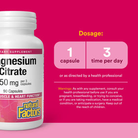 Citrate de magnésium Natural Factors - capsules sur une surface blanche