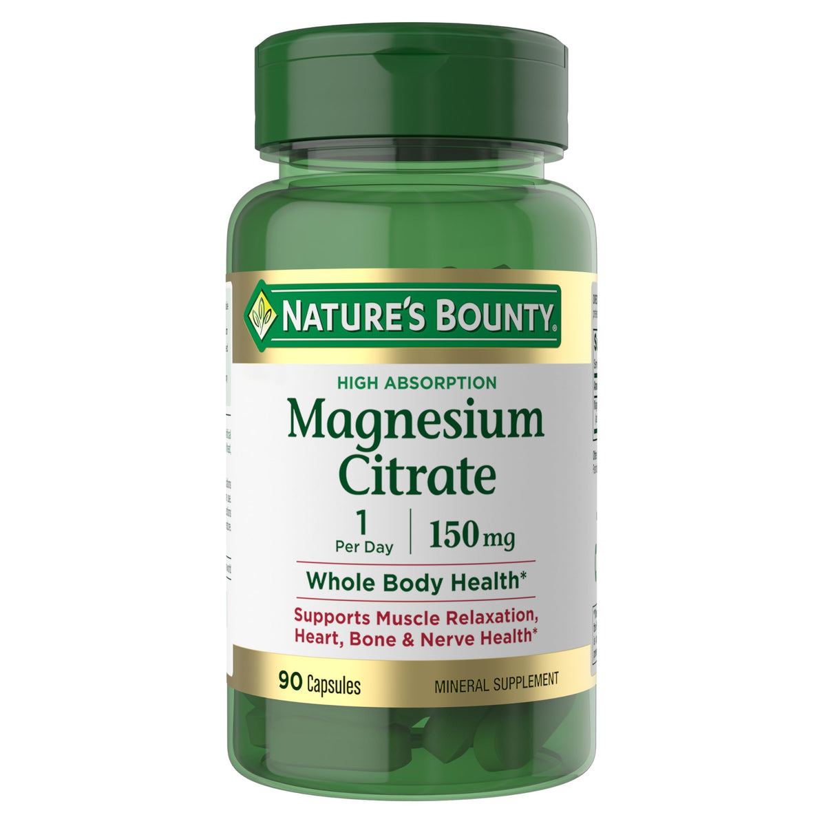 Citrate de magnésium Nature's Bounty 150 mg, 90 capsules végétariennes, vue avant