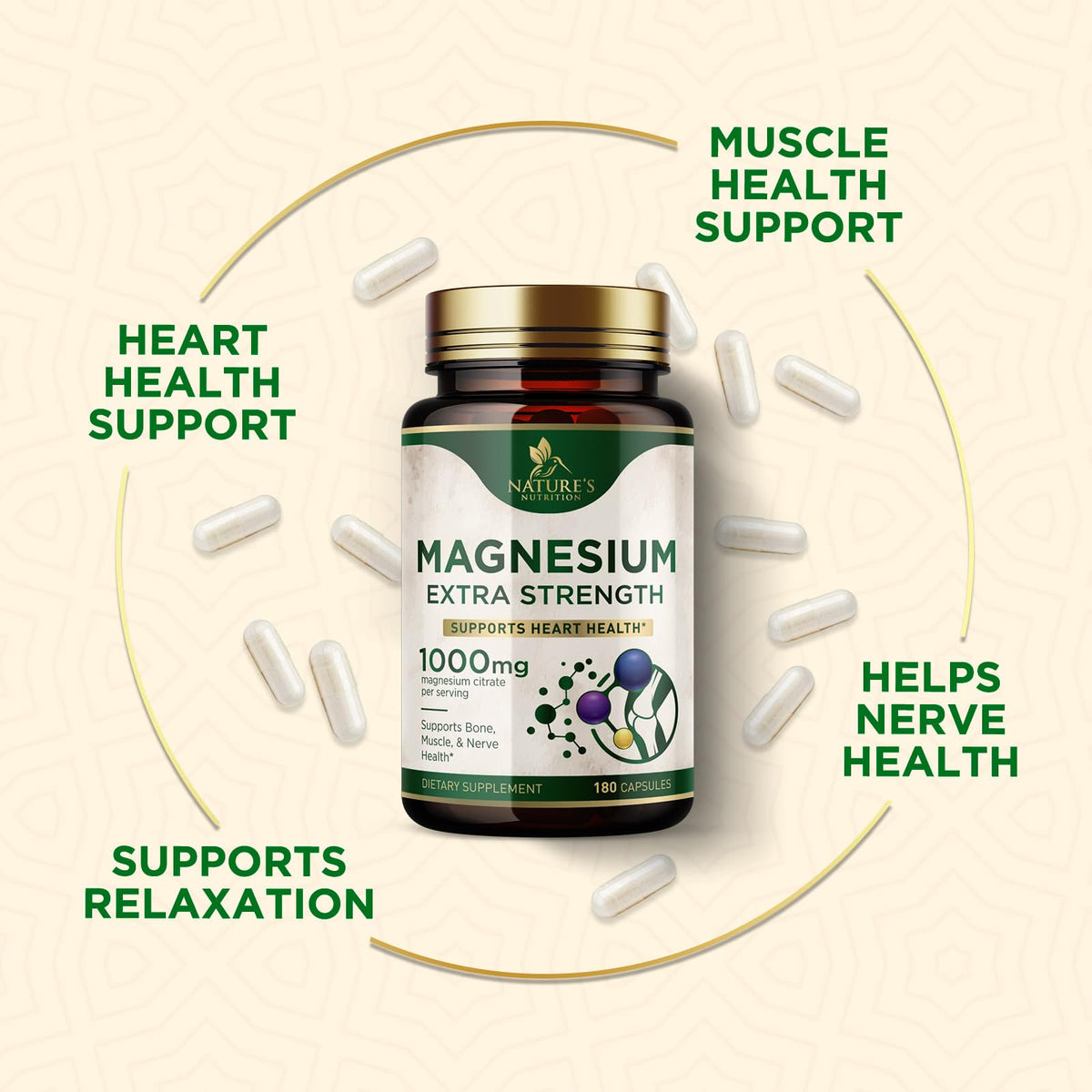 Citrate de magnésium Nature's Nutrition 1000mg, bouteille avec des capsules à côté