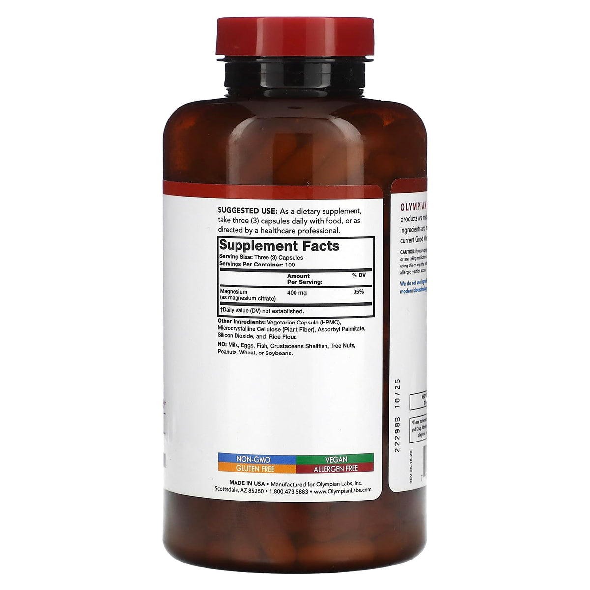 Citrate de magnésium Olympian Labs 400mg, capsules et étiquette du produit