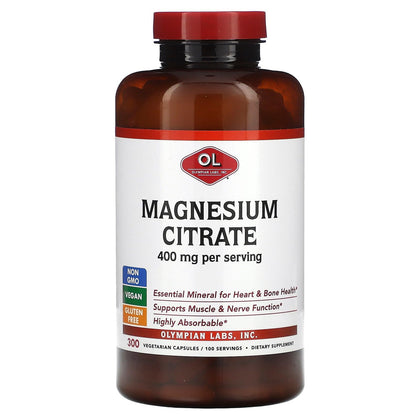 Citrate de magnésium Olympian Labs 400mg, flacon de 300 capsules, vue de face
