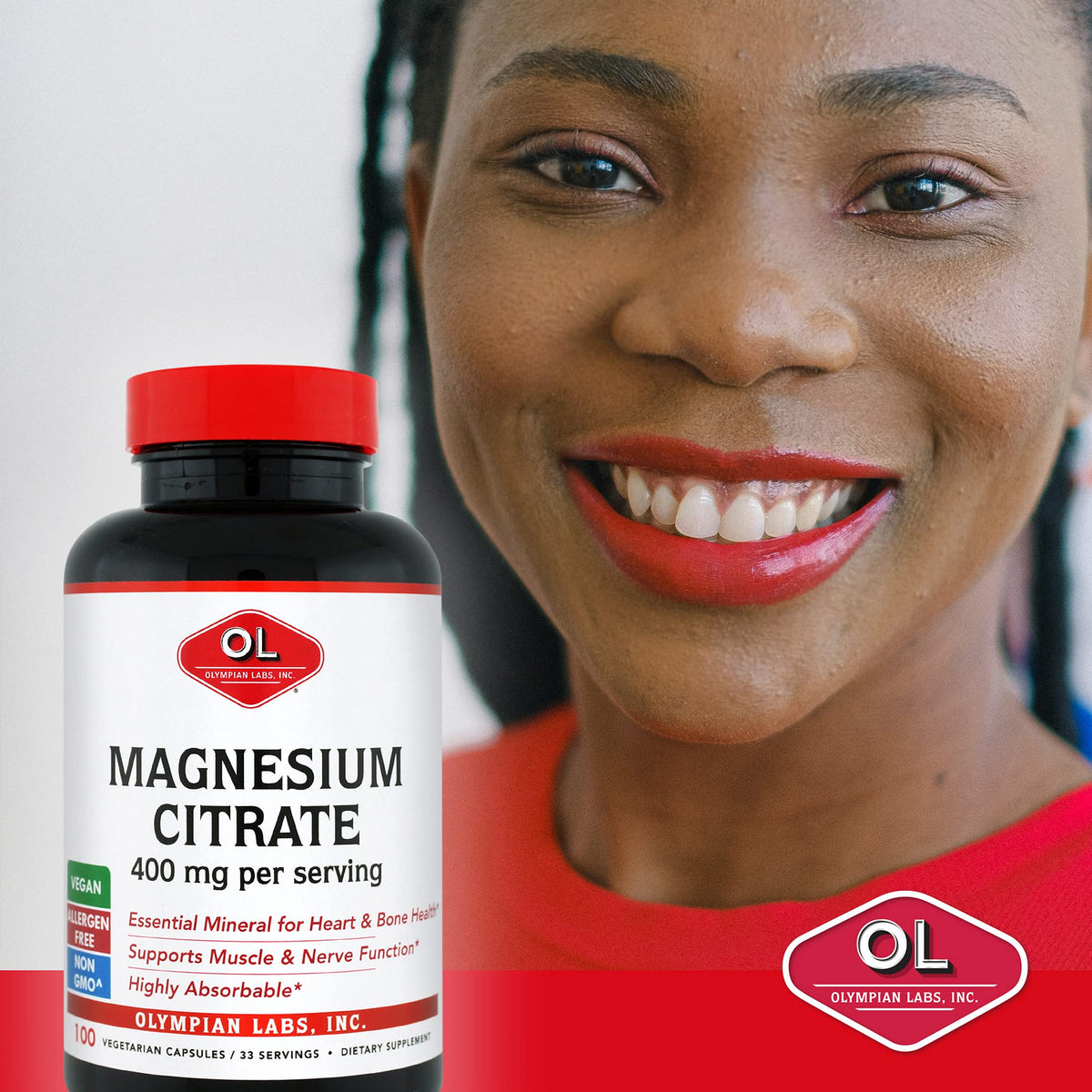 Citrate de magnésium Olympian Labs sur une table en bois