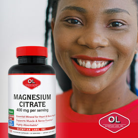 Citrate de magnésium Olympian Labs sur une table en bois