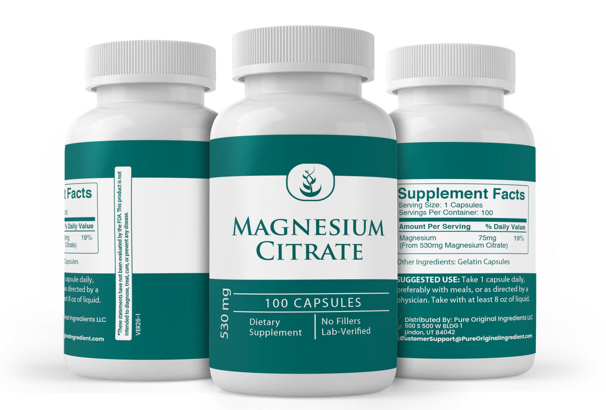 Citrate de magnésium PURE ORIGINAL INGREDIENTS sur fond blanc