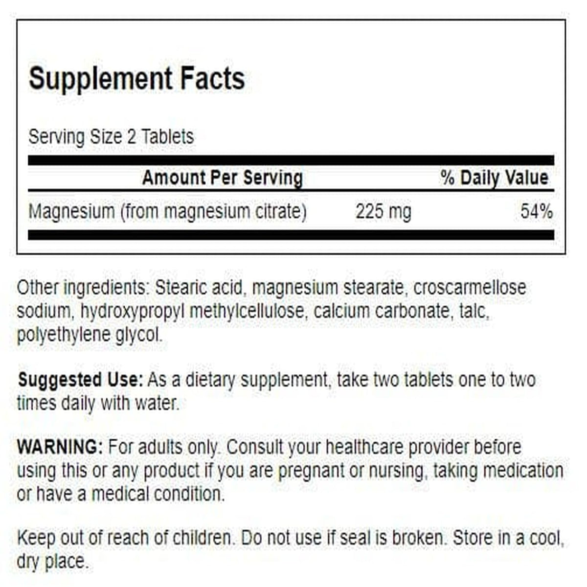 Citrate de magnésium Swanson 112,5 mg arrière de l'emballage