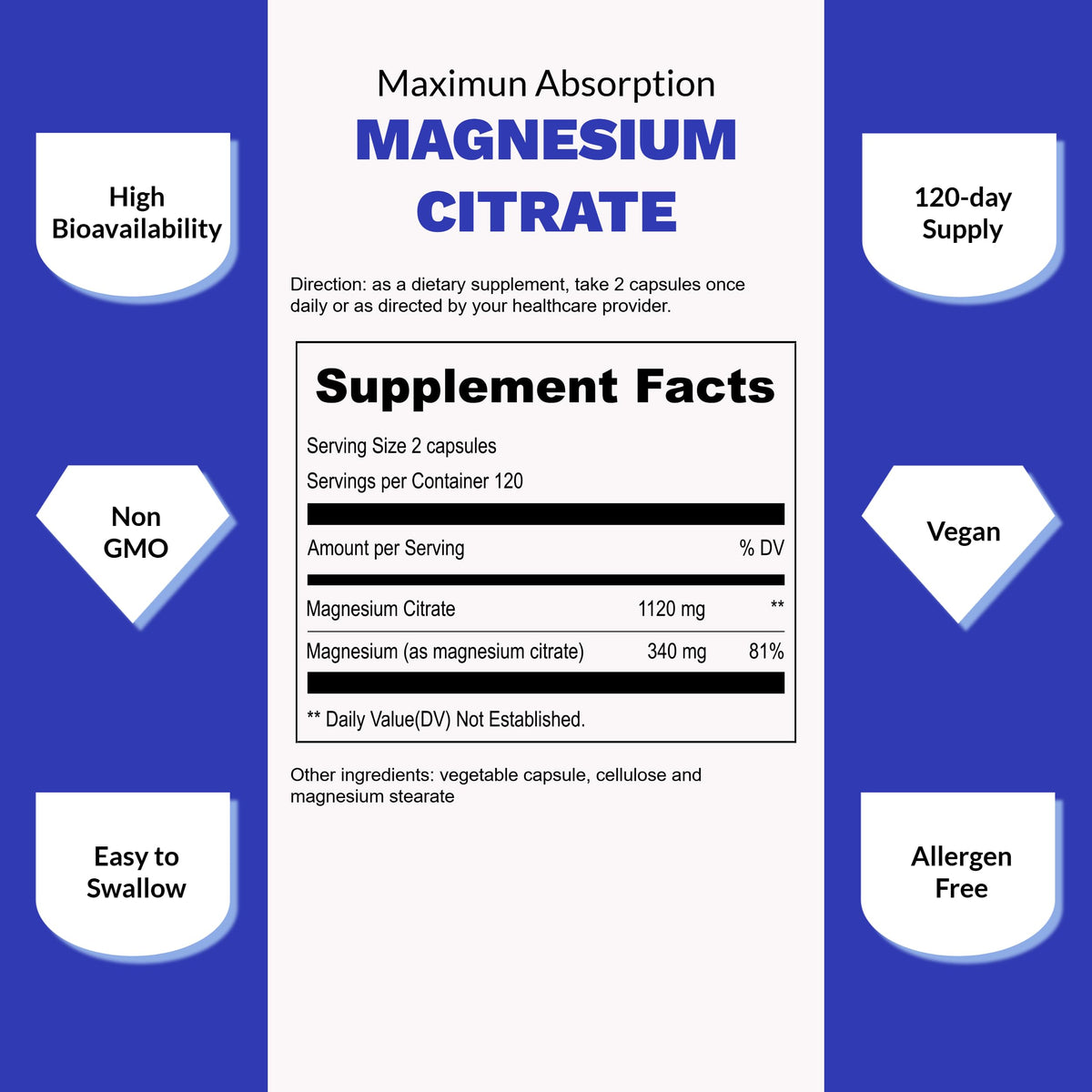 Citrate de Magnésium UpNourish emballage avec liste des ingrédients