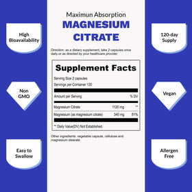 Citrate de Magnésium UpNourish emballage avec liste des ingrédients