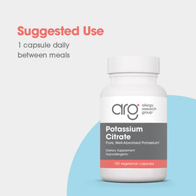 Citrate de potassium 99 mg Allergy Research Group - capsules sur une surface blanche