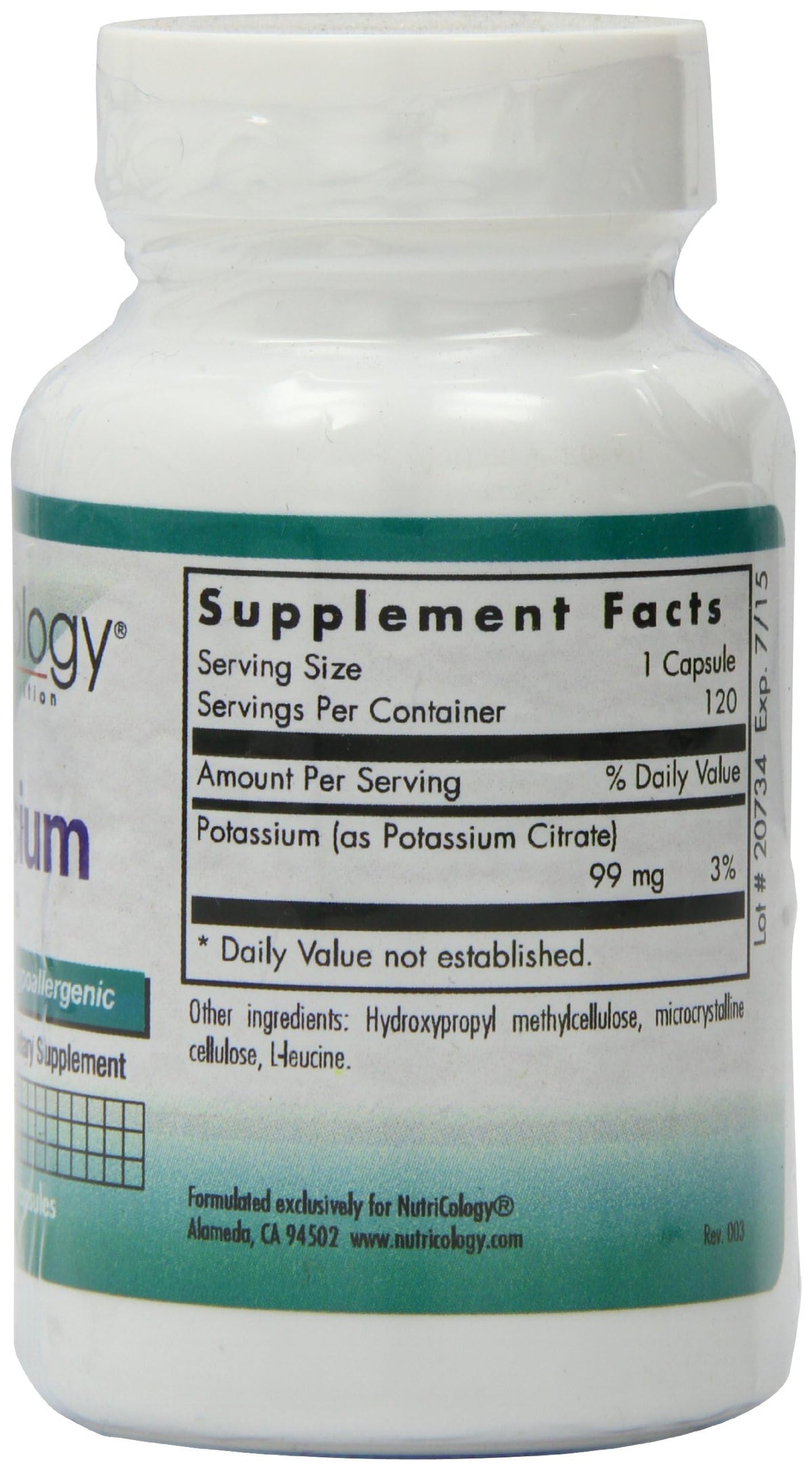 Citrate de Potassium 99 mg Capsules 120 unités avec verre d'eau
