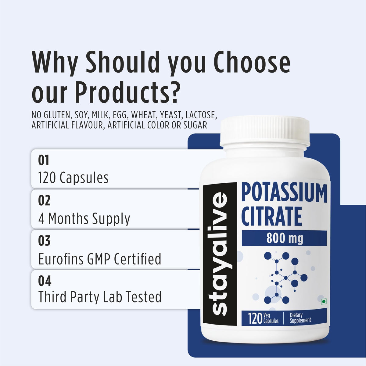 Citrate de potassium STAYALIVE avec vue latérale du flacon