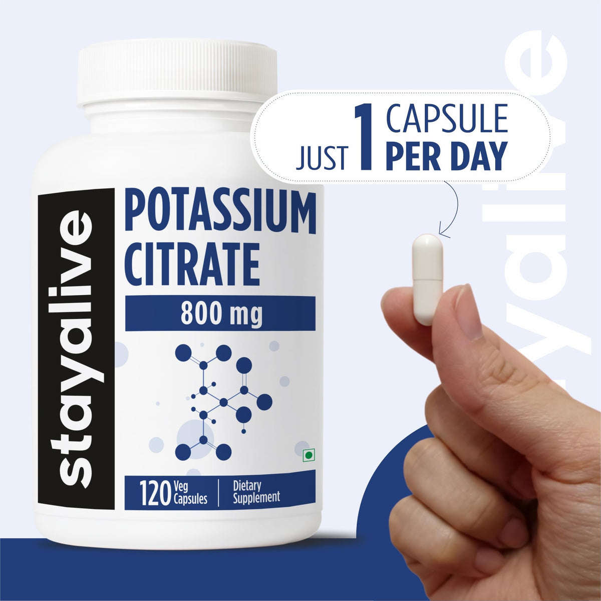 Citrate de potassium STAYALIVE en main avec un verre d'eau