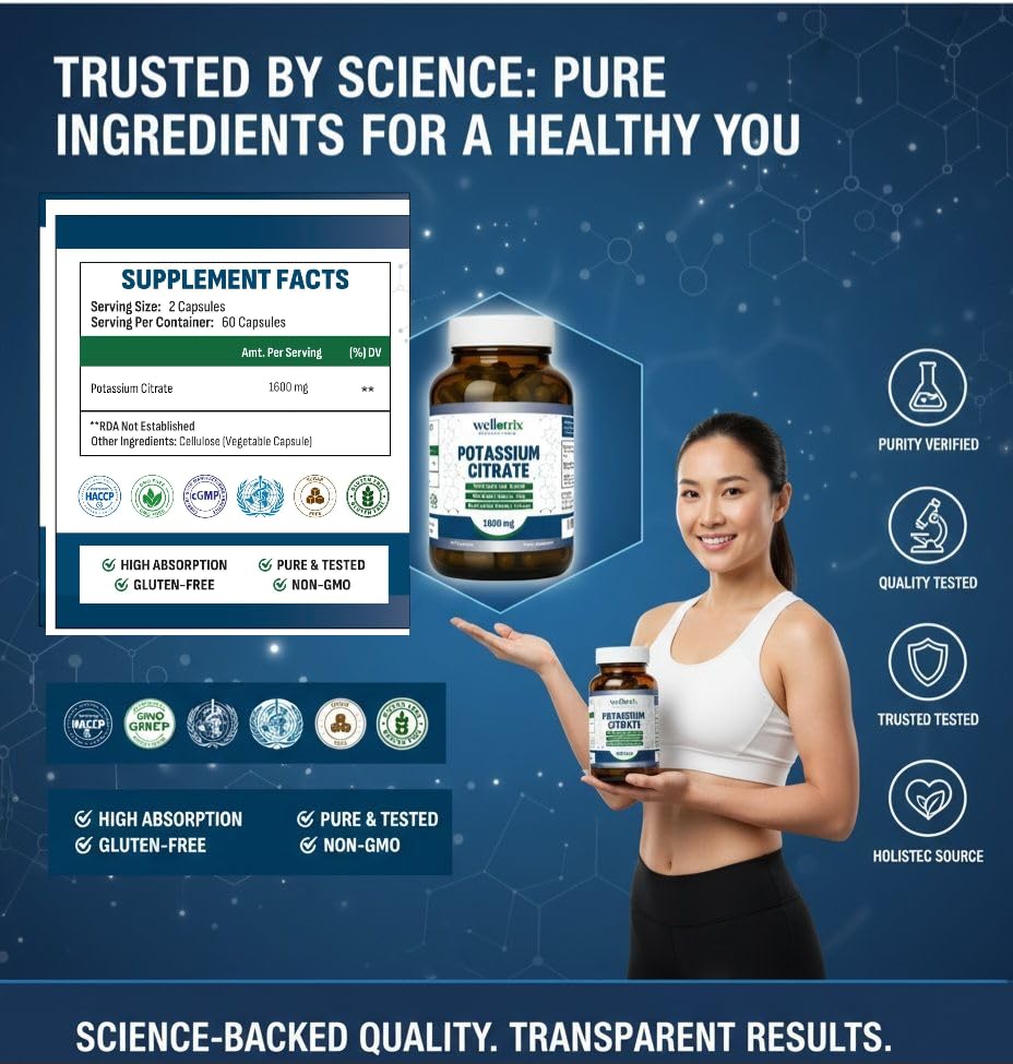 Citrate de Potassium Wellotrix 1600 mg 120 Capsules Végétales vue arrière