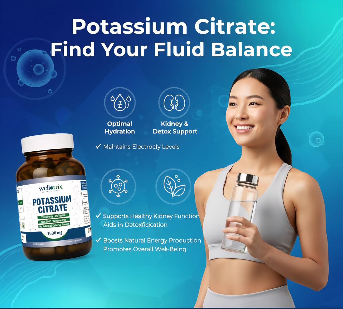 Citrate de Potassium Wellotrix 1600 mg capsules sur une table