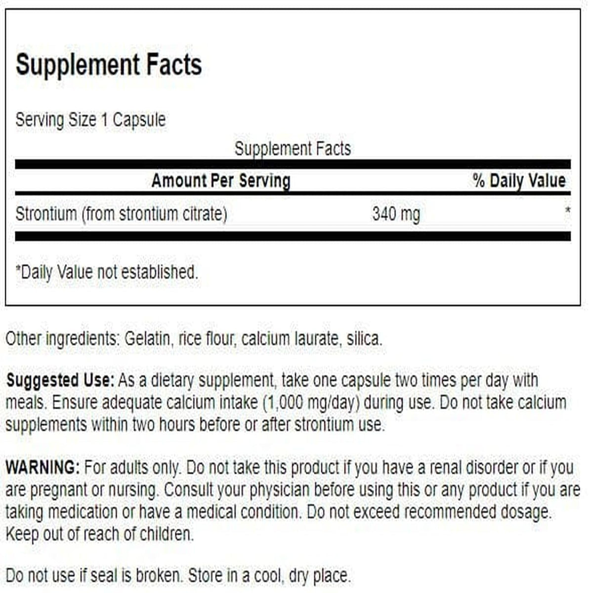 Citrate de Strontium Swanson avec étiquette et informations