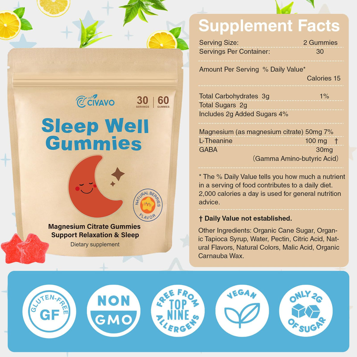 Civavo Gummies de Citrate de Magnésium pour Enfants, goût fraise