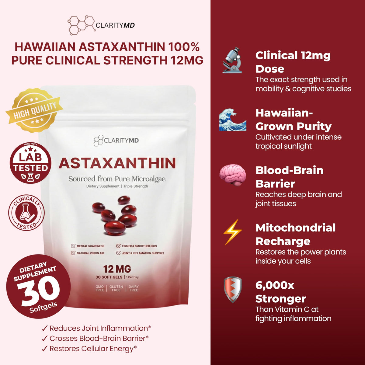 ClarityMD Astaxanthin 12mg gélules avec verre d'eau