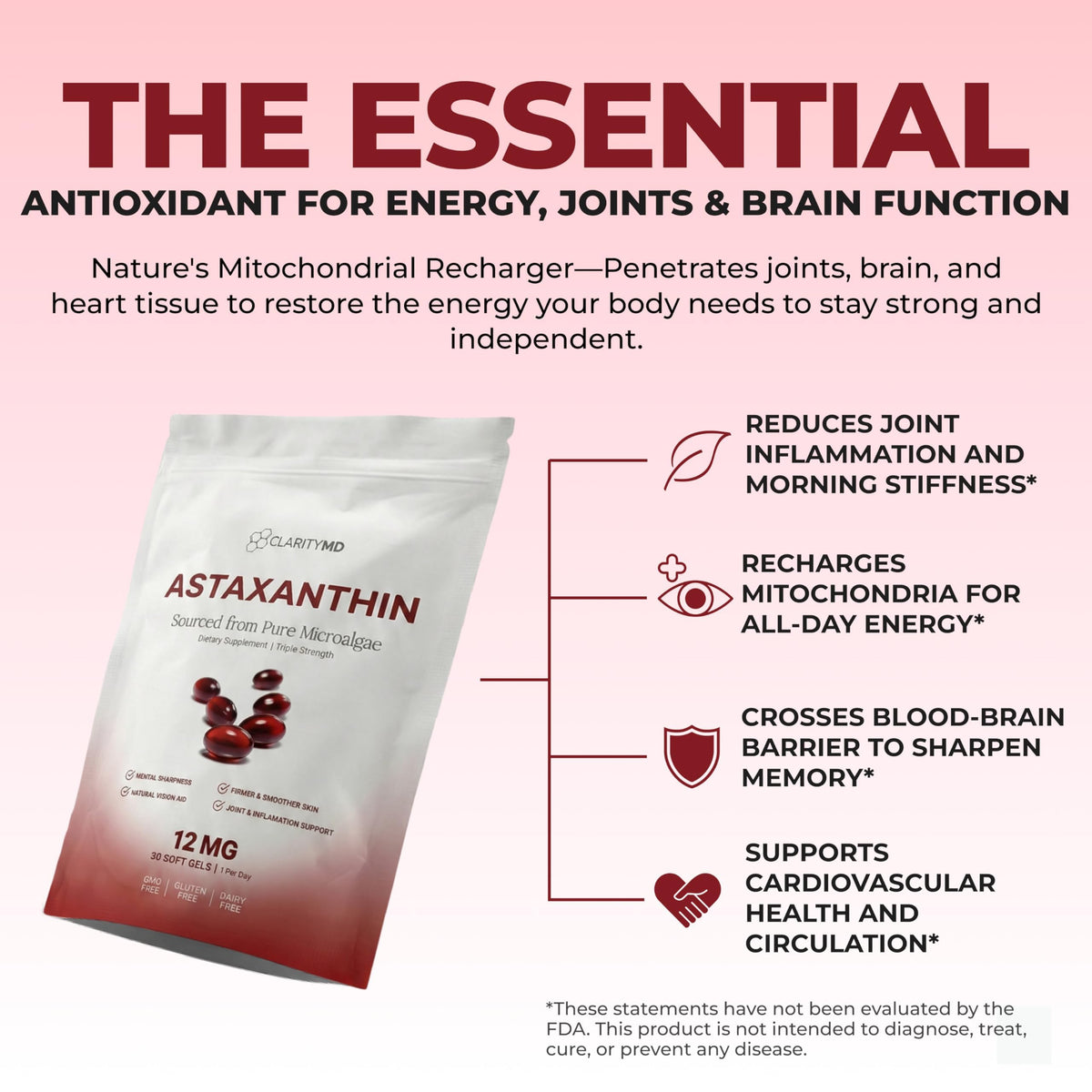 ClarityMD Astaxanthin 12mg gélules sur une table en bois