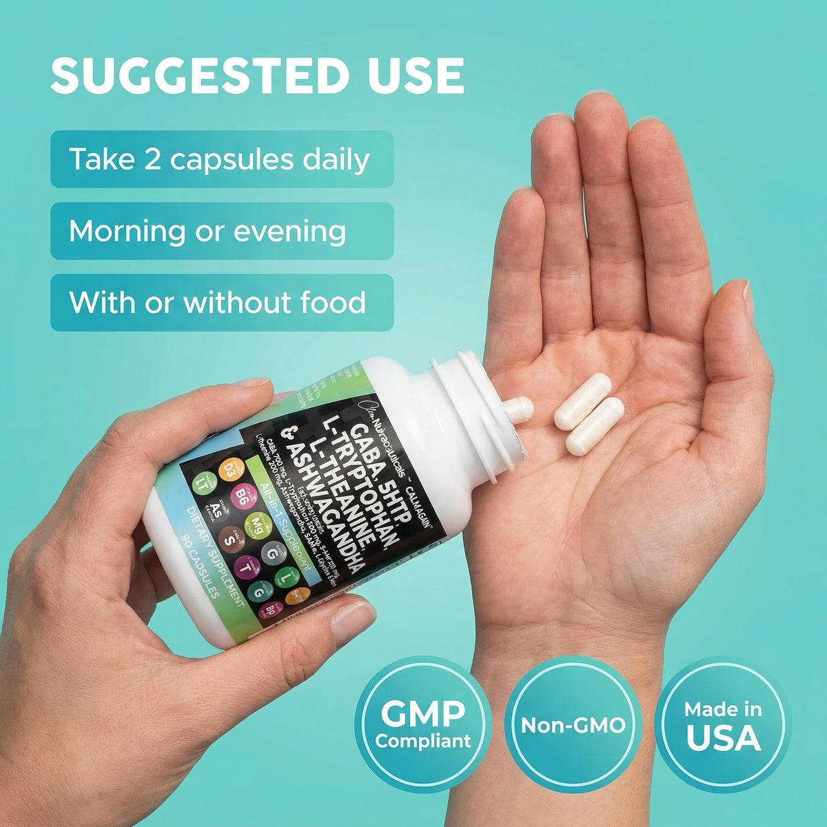 Clean Nutraceuticals CalmAgain 5-HTP 200mg gélules avec verre d'eau